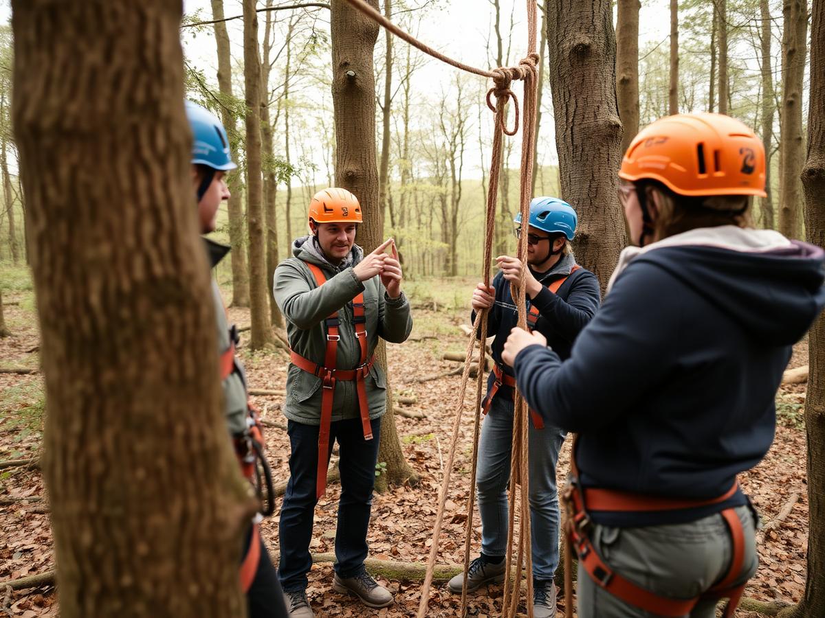 Learners on a TreeNet installation training course practising rope rigging in woodland